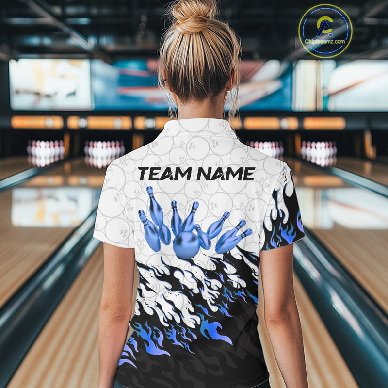 Black and White Camo Bowling Shirts For Women Custom Bowling Team League Jerseys | Blue NQS10561