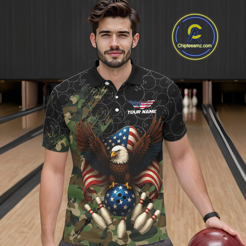 Black and Green Camo American Flag Eagle Bowling Shirts For Men Custom Patriotic Team Bowling Jersey NQS10573