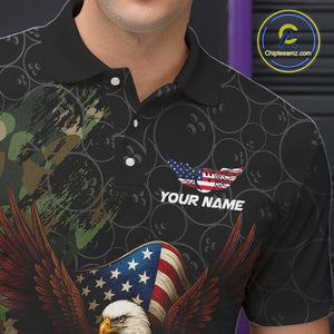 Black and Green Camo American Flag Eagle Bowling Shirts For Men Custom Patriotic Team Bowling Jersey NQS10573