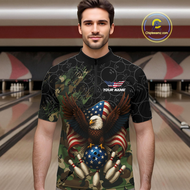 Black and Green Camo American Flag Eagle Bowling Shirts For Men Custom Patriotic Team Bowling Jersey NQS10573
