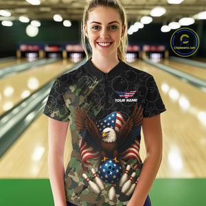 Black and Green Camo American Flag Eagle Bowling Shirt For Women Custom Patriotic Team Bowling Jersey NQS10573