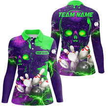 Load image into Gallery viewer, Purple and Green Lightning Thunder Storm Skull Bowling Shirts For Women Custom Bowling Team Jerseys NQS8598