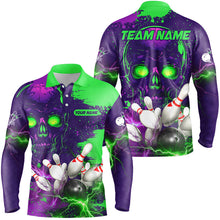 Load image into Gallery viewer, Purple and Green Lightning Thunder Storm Skull Bowling Shirts For Men Custom Bowling Team Jerseys NQS8598