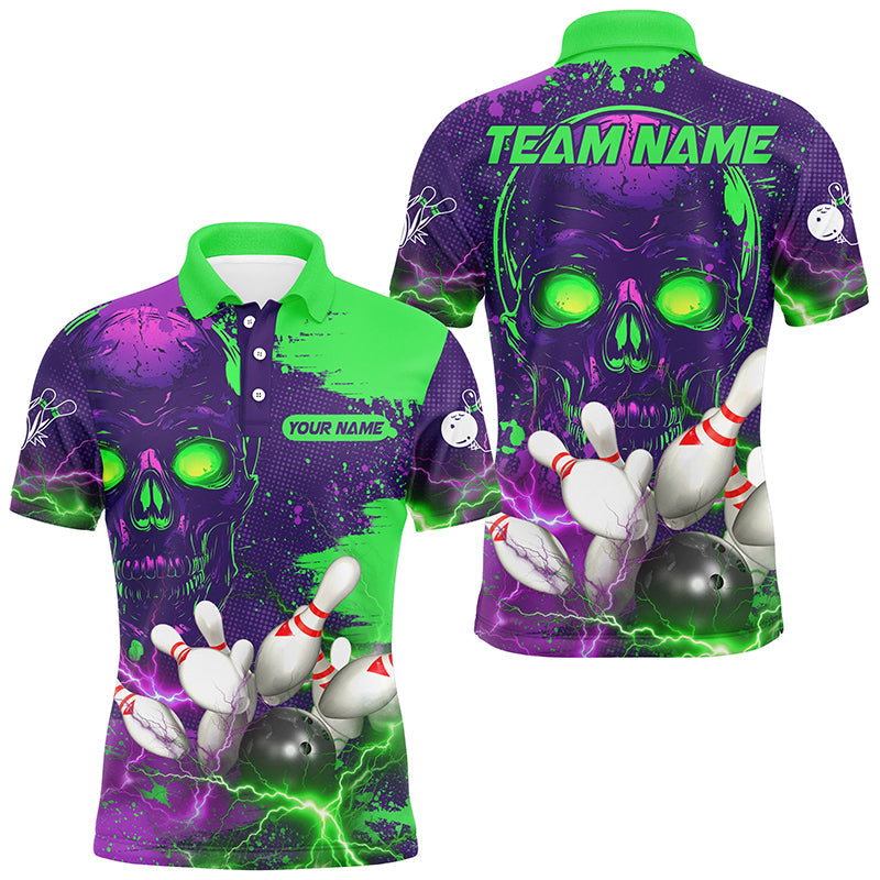 Purple and Green Lightning Thunder Storm Skull Bowling Shirts For Men Custom Bowling Team Jerseys NQS8598