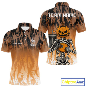 Funny Disc golf pumpkin skull orange camo Men disc golf polo shirts custom Halloween disc golf shirts NQS10790