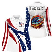 Load image into Gallery viewer, American Flag Flame Bowling Ball Pins Womens bowling shirts Personalized Patriotic Bowling Team Shirts NQS9086