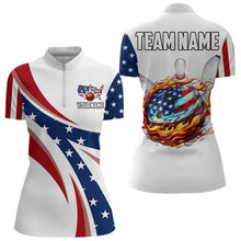 Load image into Gallery viewer, American Flag Flame Bowling Ball Pins Womens bowling shirts Personalized Patriotic Bowling Team Shirts NQS9086