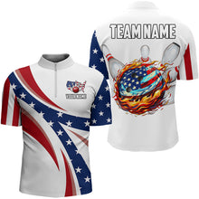 Load image into Gallery viewer, American Flag Flame Bowling Ball Pins Mens bowling shirts Personalized Patriotic Bowling Team Shirts NQS9086