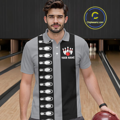 Black and Gray Retro Bowling Polo, Quarter Zip Shirts For Men Custom Vintage Bowling Team Jerseys NQS11156