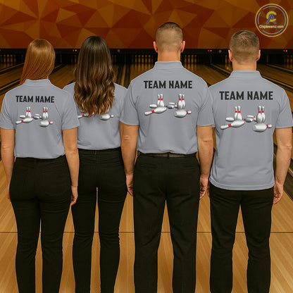 Black and Gray Retro Bowling Polo, Quarter Zip Shirts For Women Custom Vintage Bowling Team Jerseys NQS11156