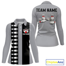 Load image into Gallery viewer, Black and Gray Retro Bowling Polo, Quarter Zip Shirts For Women Custom Vintage Bowling Team Jerseys NQS11156