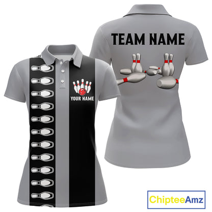 Black and Gray Retro Bowling Polo, Quarter Zip Shirts For Women Custom Vintage Bowling Team Jerseys NQS11156