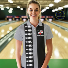 Load image into Gallery viewer, Black and Gray Retro Bowling Polo, Quarter Zip Shirts For Women Custom Vintage Bowling Team Jerseys NQS11156
