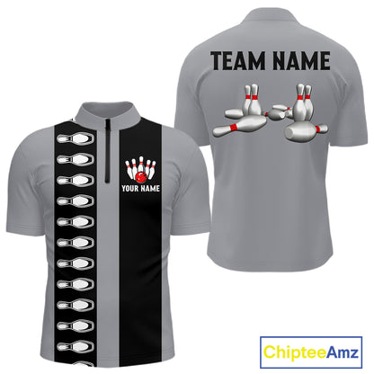 Black and Gray Retro Bowling Polo, Quarter Zip Shirts For Men Custom Vintage Bowling Team Jerseys NQS11156