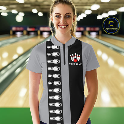 Black and Gray Retro Bowling Polo, Quarter Zip Shirts For Women Custom Vintage Bowling Team Jerseys NQS11156