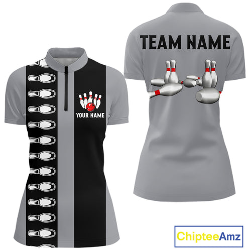 Black and Gray Retro Bowling Polo, Quarter Zip Shirts For Women Custom Vintage Bowling Team Jerseys NQS11156
