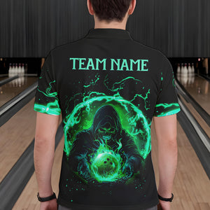 Black and Green Flame Skull Bowling Polo, Quarter Zip Shirt For Men Custom Skull Bowling Team Jerseys NQS9424