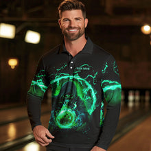 Load image into Gallery viewer, Black and Green Flame Skull Bowling Polo, Quarter Zip Shirt For Men Custom Skull Bowling Team Jerseys NQS9424