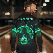 Load image into Gallery viewer, Black and Green Flame Skull Bowling Polo, Quarter Zip Shirt For Men Custom Skull Bowling Team Jerseys NQS9424