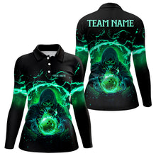 Load image into Gallery viewer, Black and Green Flame Skull Bowling Polo, Quarter Zip Shirt For Women Custom Skull Bowling Team Jersey NQS9424