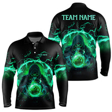 Load image into Gallery viewer, Black and Green Flame Skull Bowling Polo, Quarter Zip Shirt For Men Custom Skull Bowling Team Jerseys NQS9424