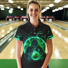 Load image into Gallery viewer, Black and Green Flame Skull Bowling Polo, Quarter Zip Shirt For Women Custom Skull Bowling Team Jersey NQS9424