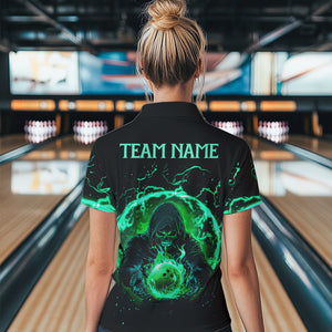 Black and Green Flame Skull Bowling Polo, Quarter Zip Shirt For Women Custom Skull Bowling Team Jersey NQS9424