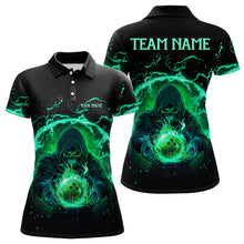 Load image into Gallery viewer, Black and Green Flame Skull Bowling Polo, Quarter Zip Shirt For Women Custom Skull Bowling Team Jersey NQS9424