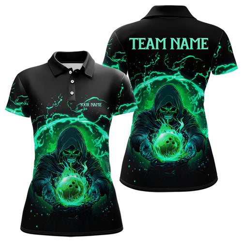 Black and Green Flame Skull Bowling Polo, Quarter Zip Shirt For Women Custom Skull Bowling Team Jersey NQS9424