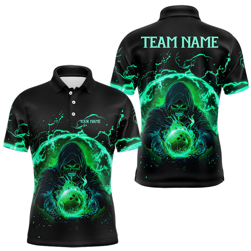 Black and Green Flame Skull Bowling Polo, Quarter Zip Shirt For Men Custom Skull Bowling Team Jerseys NQS9424