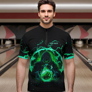 Black and Green Flame Skull Bowling Polo, Quarter Zip Shirt For Men Custom Skull Bowling Team Jerseys NQS9424