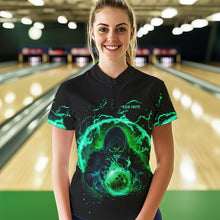 Load image into Gallery viewer, Black and Green Flame Skull Bowling Polo, Quarter Zip Shirt For Women Custom Skull Bowling Team Jersey NQS9424