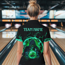 Load image into Gallery viewer, Black and Green Flame Skull Bowling Polo, Quarter Zip Shirt For Women Custom Skull Bowling Team Jersey NQS9424