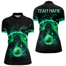 Load image into Gallery viewer, Black and Green Flame Skull Bowling Polo, Quarter Zip Shirt For Women Custom Skull Bowling Team Jersey NQS9424