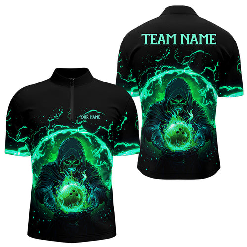 Black and Green Flame Skull Bowling Polo, Quarter Zip Shirt For Men Custom Skull Bowling Team Jerseys NQS9424