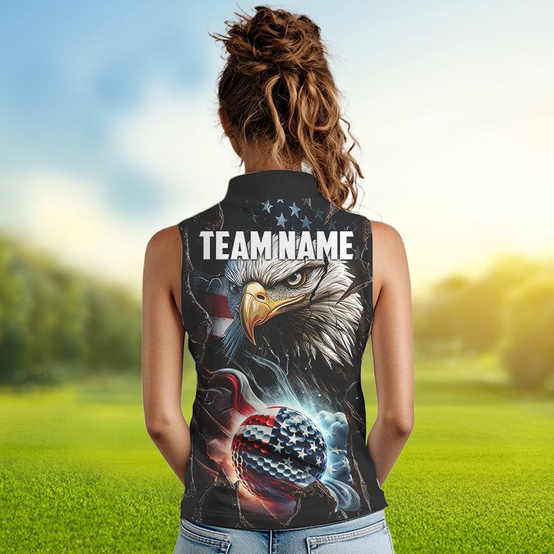 Personalized Eagle American flag Golf Sleeveless Polo Shirts For Women Custom Patriotic Golf attire NQS9620