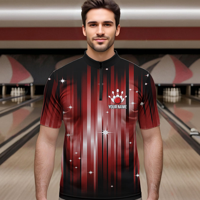 Custom Black and Red Bowling Polo, Quarter Zip Shirts for Men, Bowling Team Shirts Uniform NQS9621