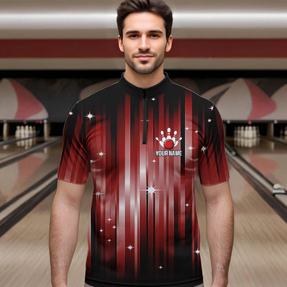 Custom Black and Red Bowling Polo, Quarter Zip Shirts for Men, Bowling Team Shirts Uniform NQS9621