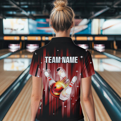 Custom Black and Red Bowling Polo, Quarter Zip Shirts for Women, Bowling Team Shirts Uniform NQS9621