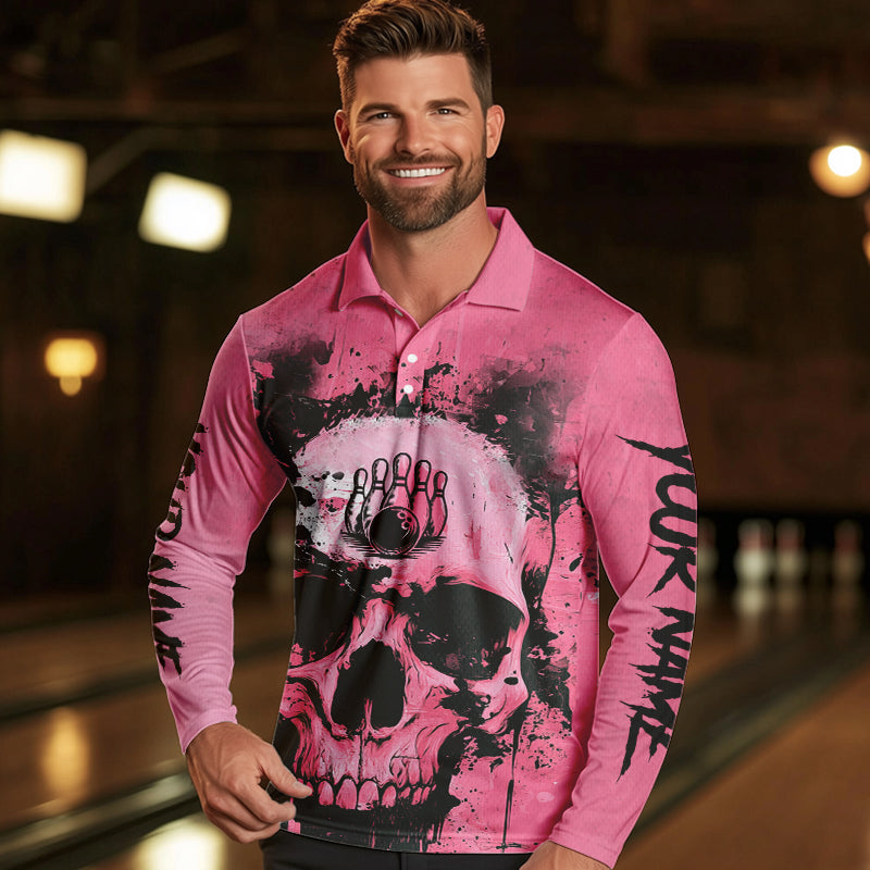 Pink Skull Bowling Polo, Quarter Zip Shirts for Men Custom Skull Bowling Team Shirts Uniform NQS9623