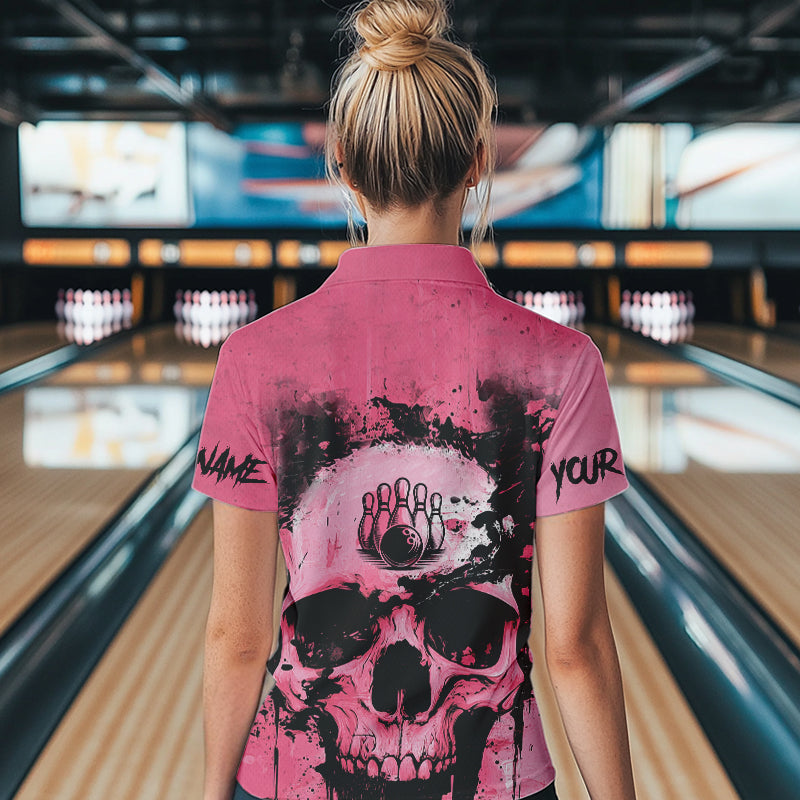Pink Skull Bowling Polo, Quarter Zip Shirts for Women Custom Skull Bowling Team Shirts Uniform NQS9623