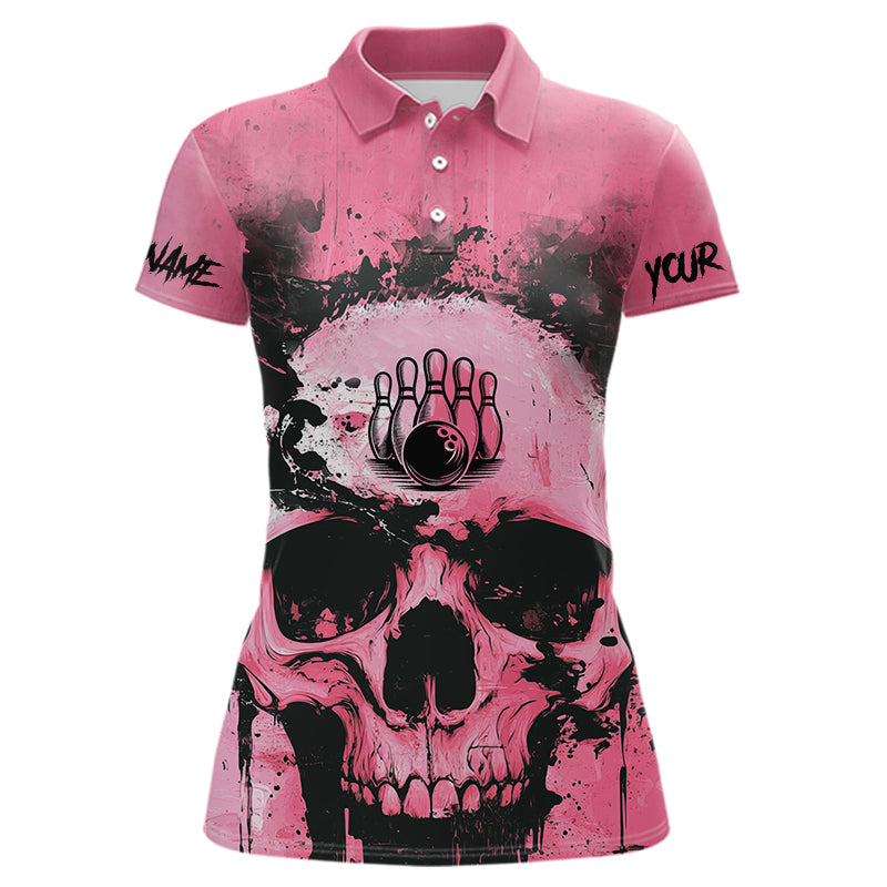 Pink Skull Bowling Polo, Quarter Zip Shirts for Women Custom Skull Bowling Team Shirts Uniform NQS9623