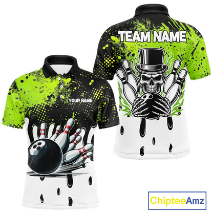 Black and Green Flame Skull Bowling Polo, 1/4 Zip Shirts for Men Custom Bowling Team League Jersey NQS11703