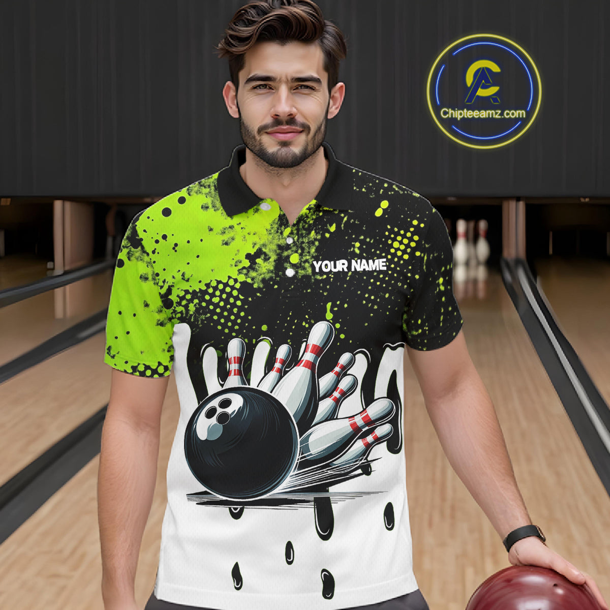 Black and Green Flame Skull Bowling Polo, 1/4 Zip Shirts for Men Custom Bowling Team League Jersey NQS11703