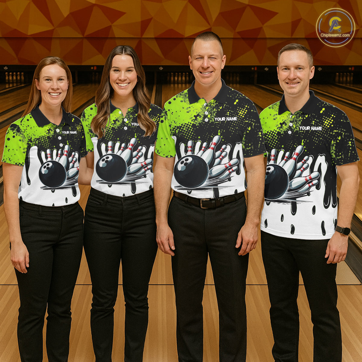 Black and Green Flame Skull Bowling Polo, 1/4 Zip Shirts for Men Custom Bowling Team League Jersey NQS11703