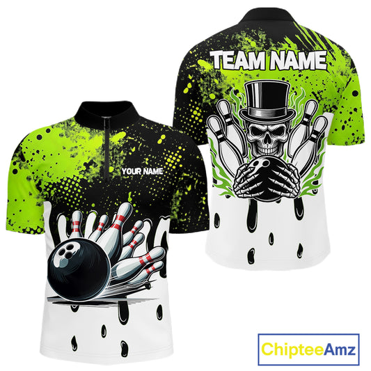 Black and Green Flame Skull Bowling Polo, 1/4 Zip Shirts for Men Custom Bowling Team League Jersey NQS11703