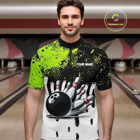 Black and Green Flame Skull Bowling Polo, 1/4 Zip Shirts for Men Custom Bowling Team League Jersey NQS11703