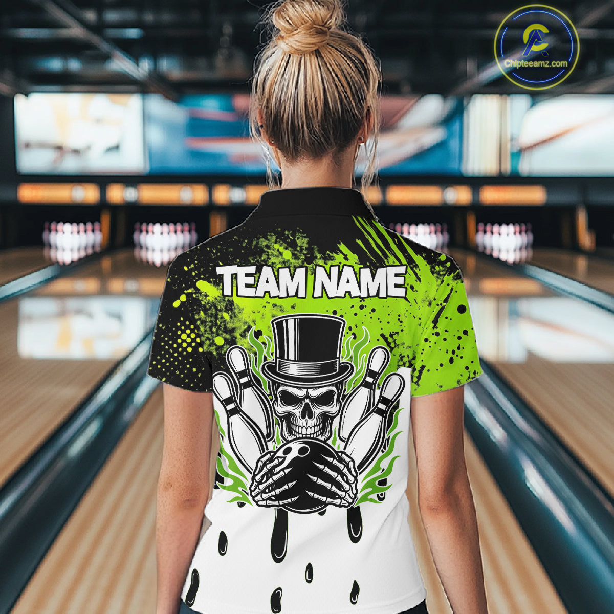 Black and Green Flame Skull Bowling Polo, 1/4 Zip Shirts for Women Custom Bowling Team League Jersey NQS11703
