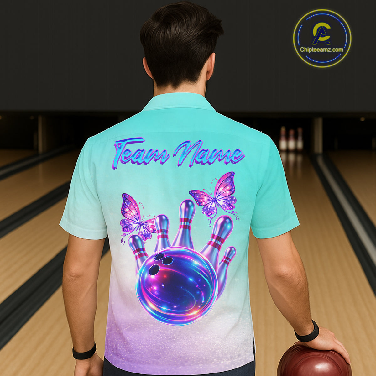 Custom Cyan Blue And Purple Glitter Butterfly Bowling Button-up Team Shirts, Bowling League Shirt NQS11704