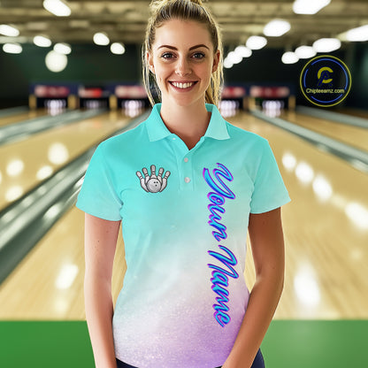 Custom Cyan Blue And Purple Glitter Butterfly Women Bowling Team Shirts, Ladies Bowling League Shirt NQS11704